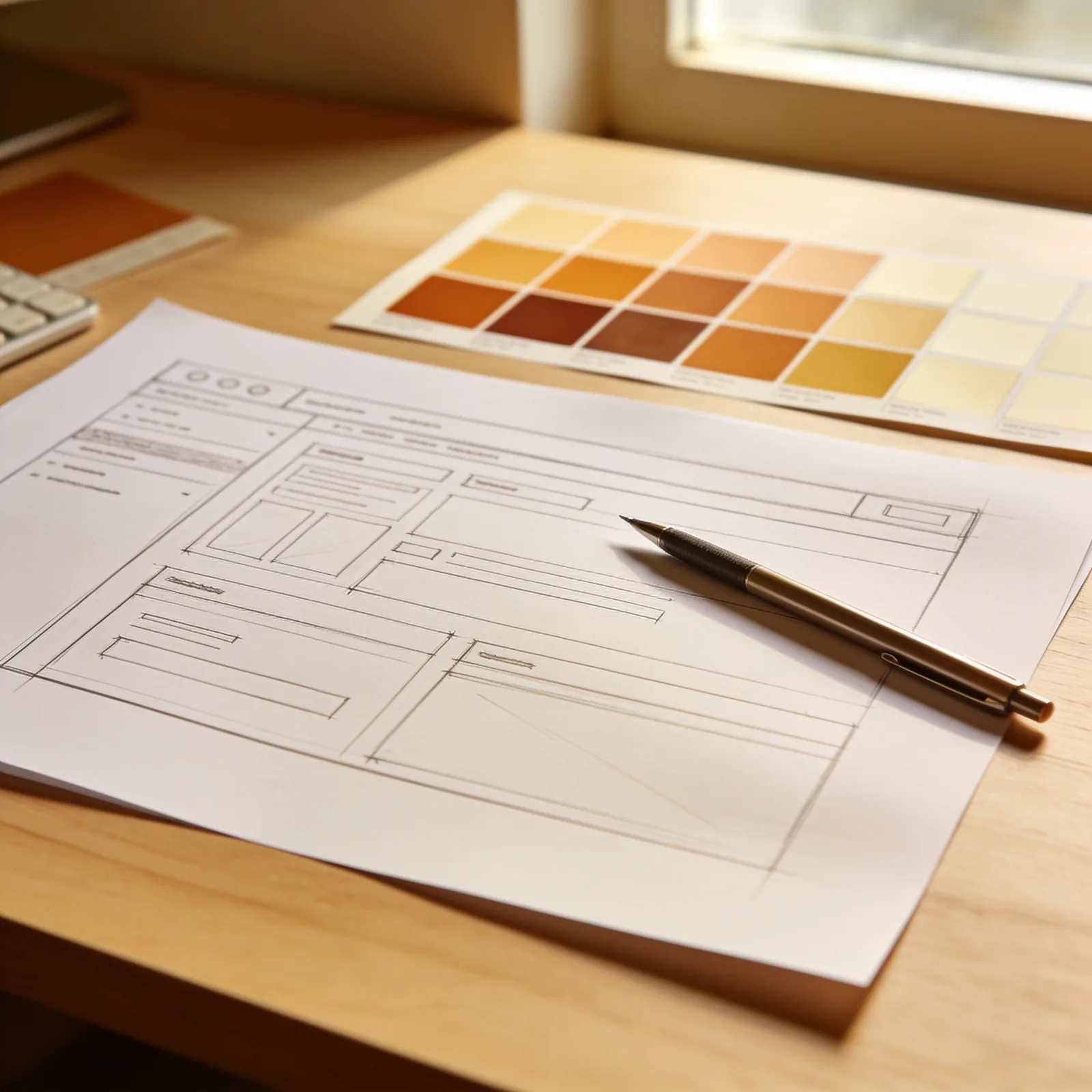 Croquis de maquettes de site web et nuancier de couleurs sur un bureau en bois clair