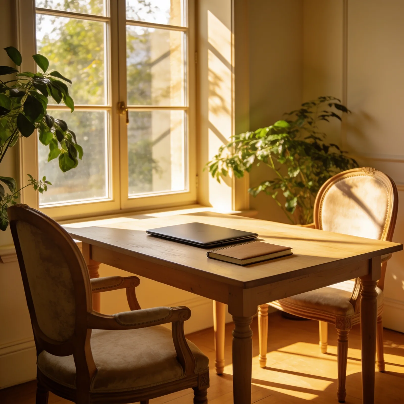 Coin rencontre lumineux d'une agence : table en bois, chaises et carnet près d'une grande fenêtre